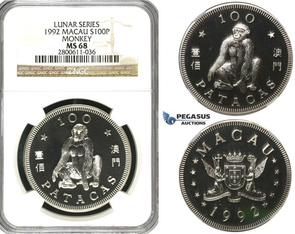 R604, Macau, 100 Patacas 1992, Silver, Lunar Series "Monkey" NGC MS68