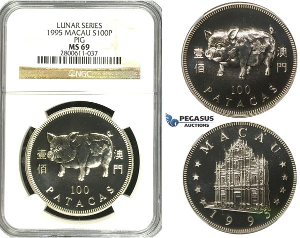 R605, Macau, 100 Patacas 1995, Silver, Lunar Series "Pig" NGC MS69
