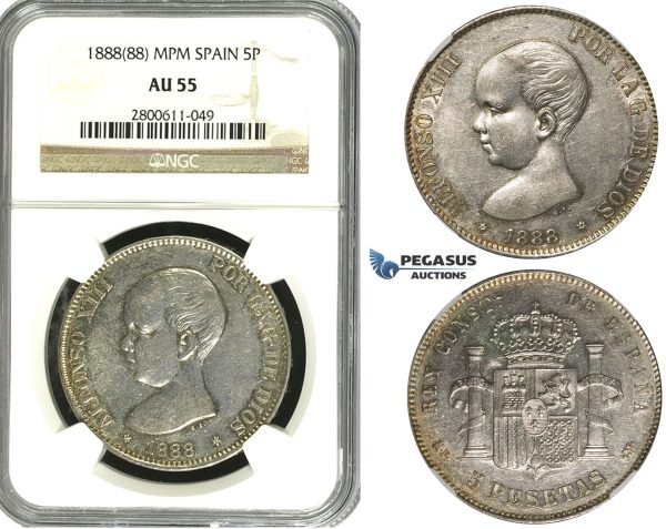 R612, Spain, Alfonso XIII, 5 Pesetas 1888 (88) MPM, Madrid, Silver, NGC AU55