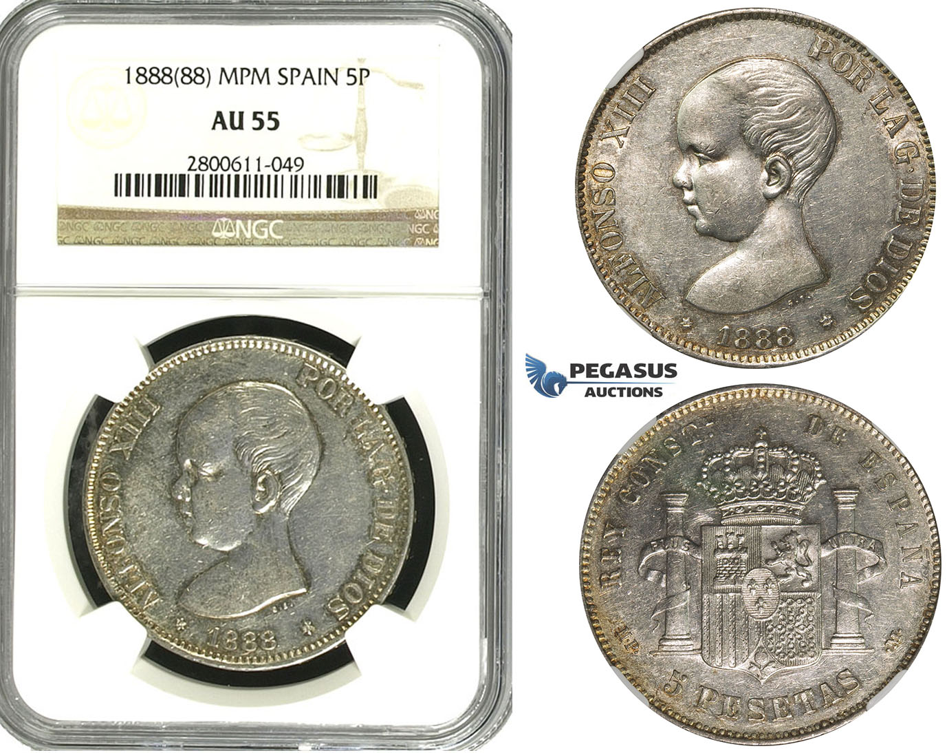 R612, Spain, Alfonso XIII, 5 Pesetas 1888 (88) MPM, Madrid, Silver, NGC AU55