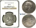 R613, Spain, Alfonso XIII, 5 Pesetas 1897 (97) SGV, Valencia, Silver, NGC AU58