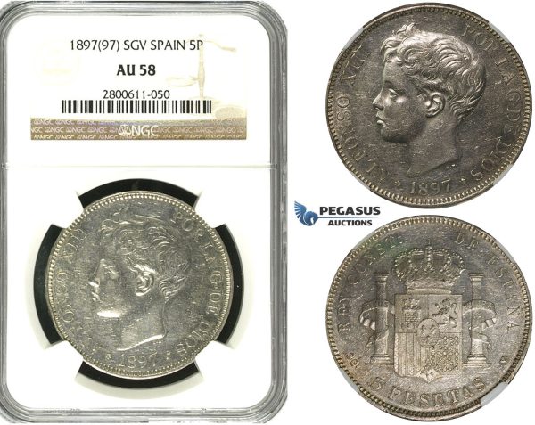 R613, Spain, Alfonso XIII, 5 Pesetas 1897 (97) SGV, Valencia, Silver, NGC AU58