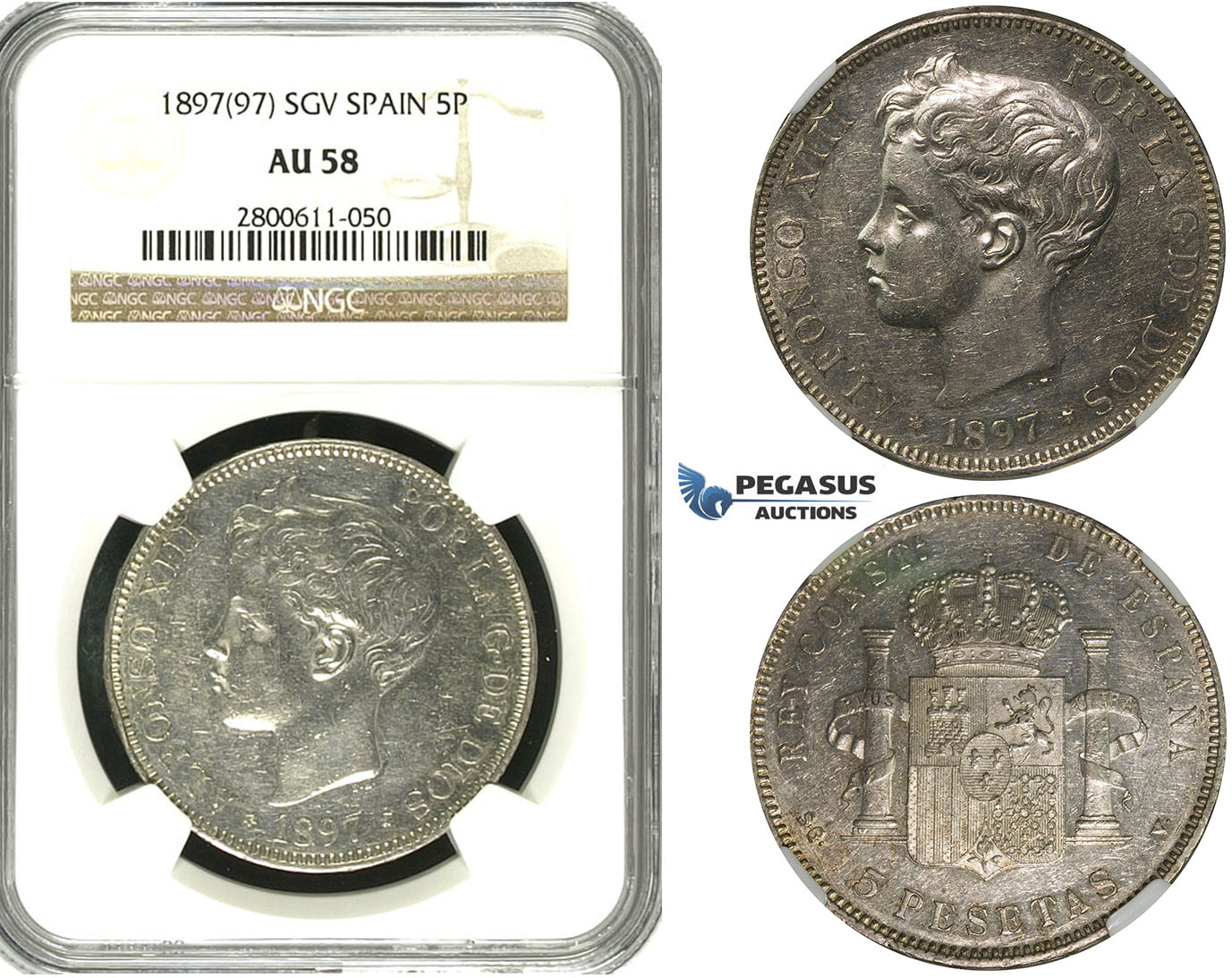R613, Spain, Alfonso XIII, 5 Pesetas 1897 (97) SGV, Valencia, Silver, NGC AU58