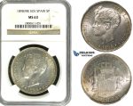 R614, Spain, Alfonso XIII, 5 Pesetas 1898 (98) SGV, Valencia, Silver, NGC MS63