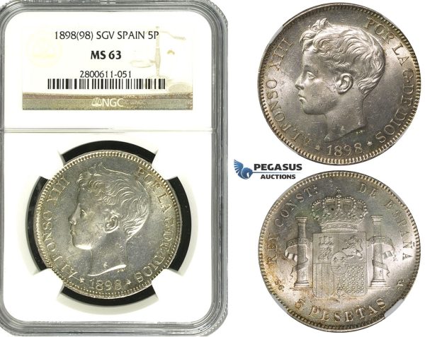 R614, Spain, Alfonso XIII, 5 Pesetas 1898 (98) SGV, Valencia, Silver, NGC MS63