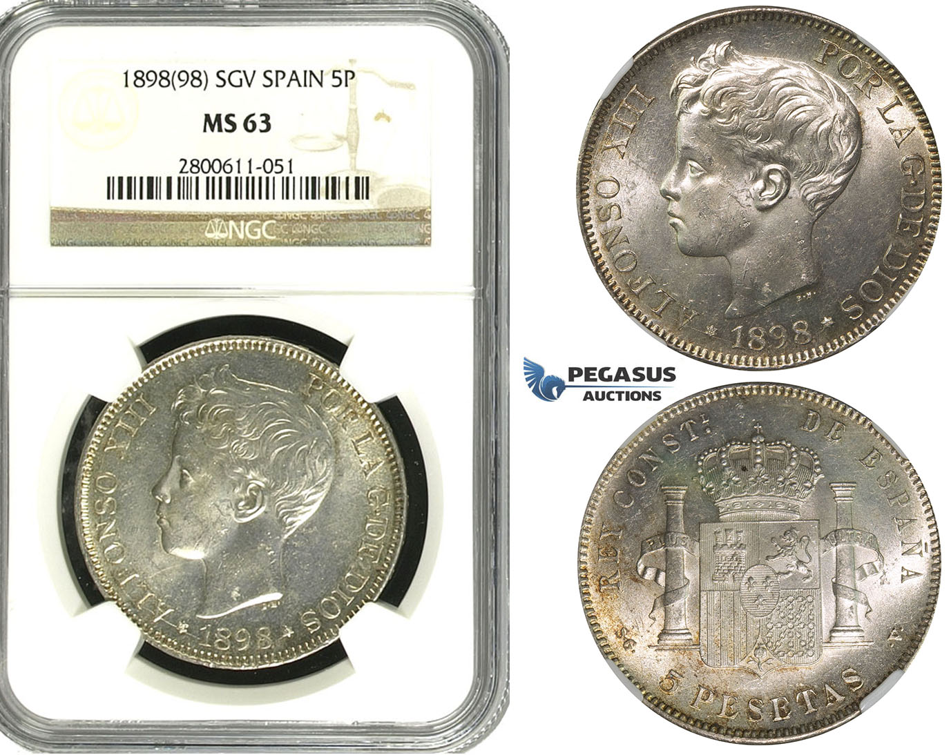 R614, Spain, Alfonso XIII, 5 Pesetas 1898 (98) SGV, Valencia, Silver, NGC MS63