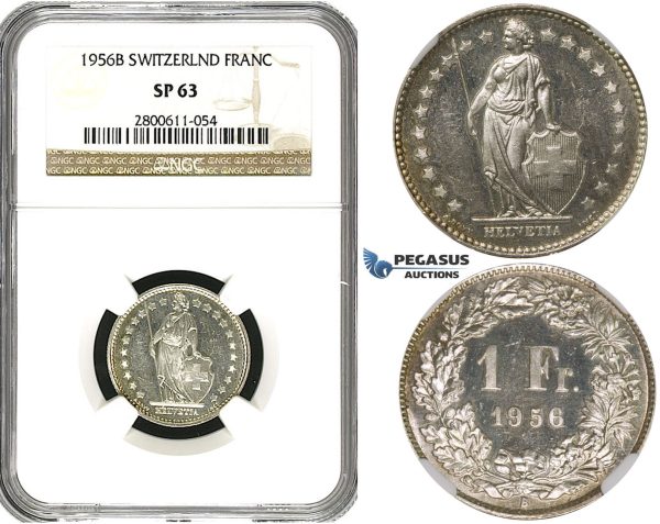 R615, Switzerland, 1 Franc 1956-B, Bern, Silver, NGC SP63