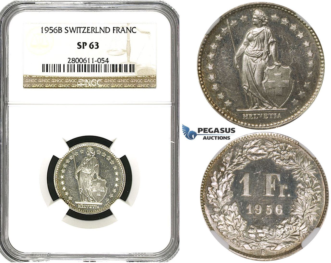 R615, Switzerland, 1 Franc 1956-B, Bern, Silver, NGC SP63