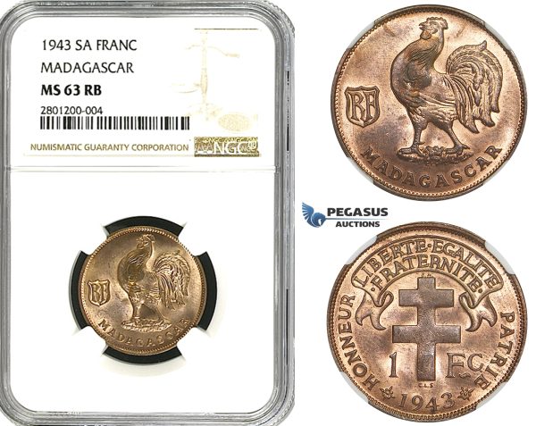 R626, Madagascar, 1 Franc 1943-SA, NGC MS63RB