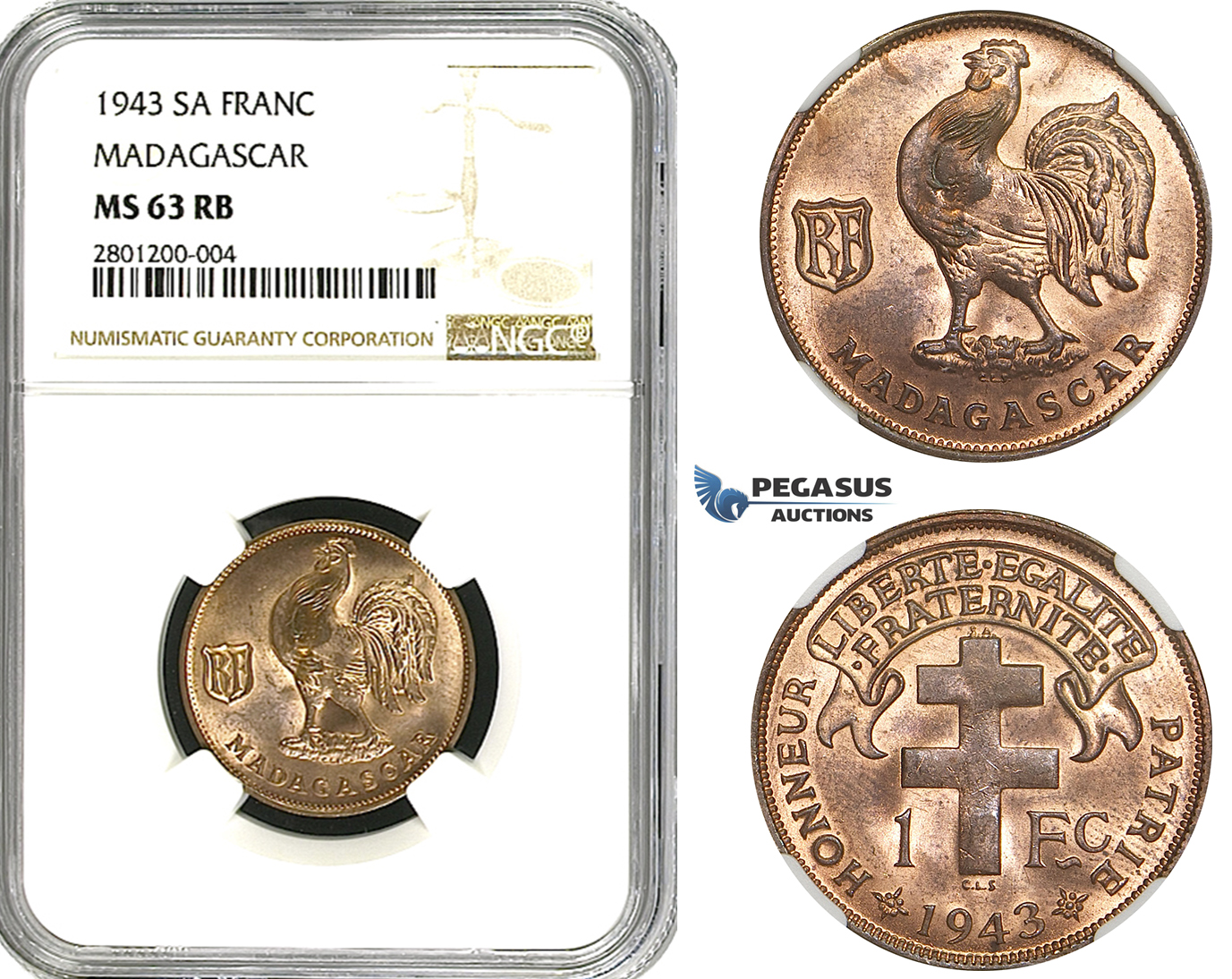 R626, Madagascar, 1 Franc 1943-SA, NGC MS63RB