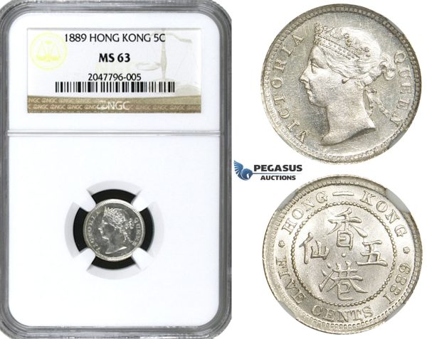 R644, Hong Kong, Victoria, 5 Cents 1889, Silver, NGC MS63