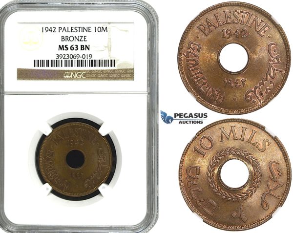 R645, Palestine, 10 Mils 1942, Bronze,  NGC MS63