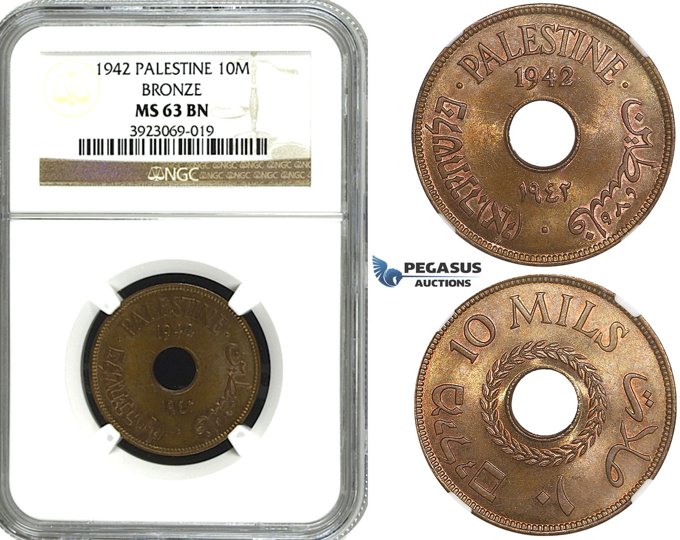 R645, Palestine, 10 Mils 1942, Bronze,  NGC MS63