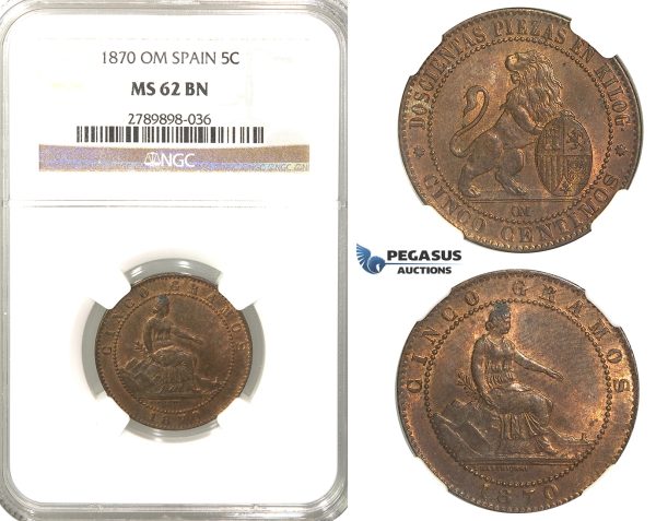 R65, Spain (Provincial Government) 5 Centimos 1870-OM, Barcelona, NGC MS62BN