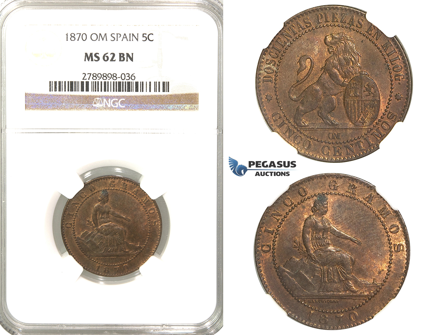 R65, Spain (Provincial Government) 5 Centimos 1870-OM, Barcelona, NGC MS62BN