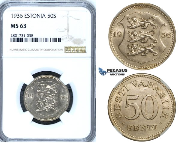 R657, Estonia, 50 Senti 1936, NGC MS63