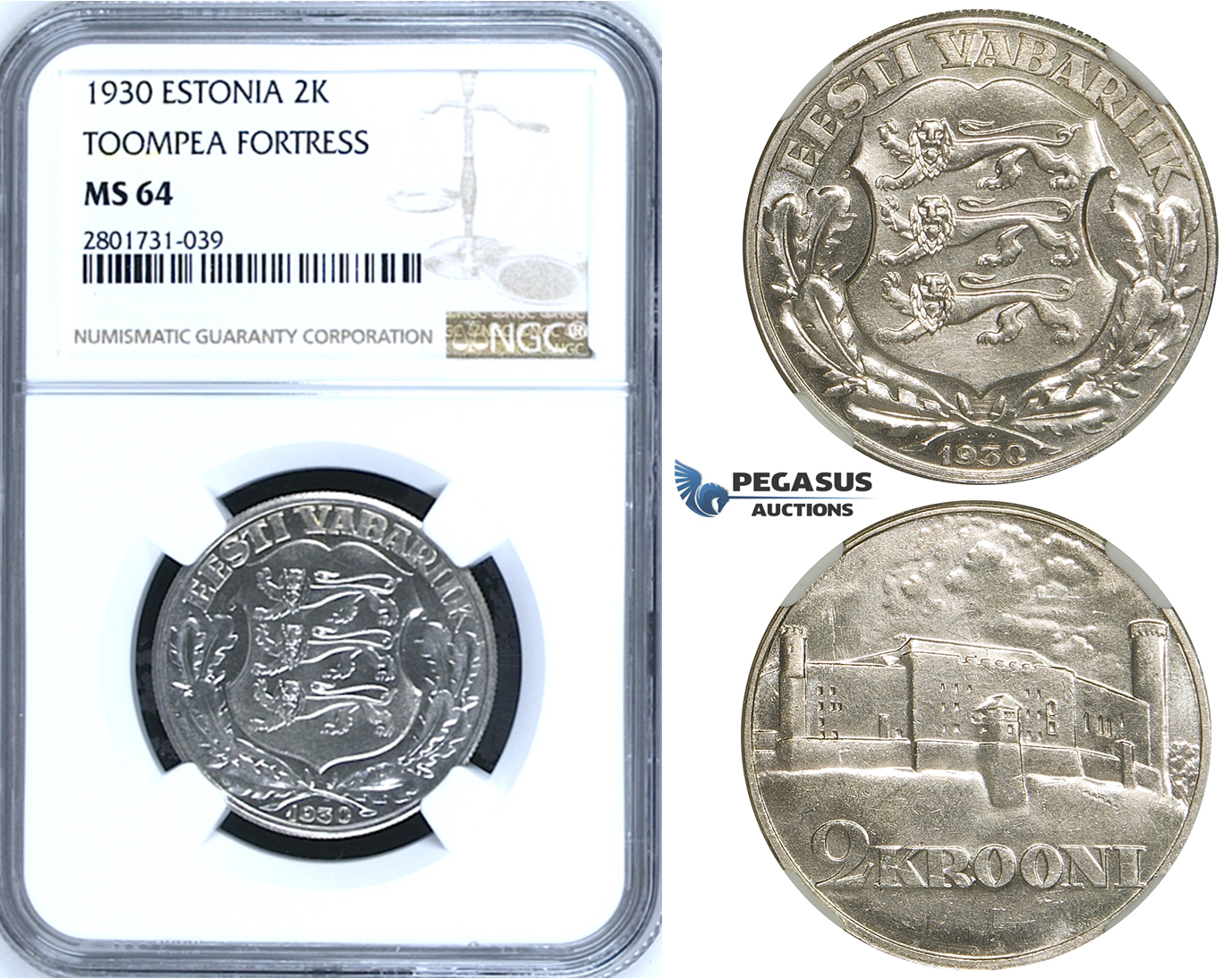 R658, Estonia, 2 Krooni 1930 "Toompea Fortress" Silver, NGC MS64