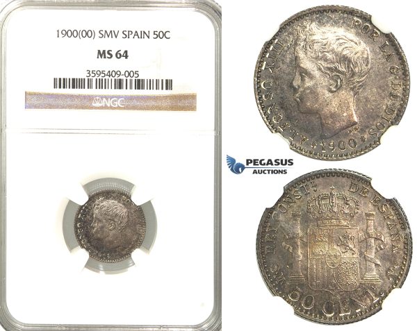 R66, Spain, Alfonso XIII, 50 Centimos 1900 (00) SM-V, Madrid, Silver, NGC MS64