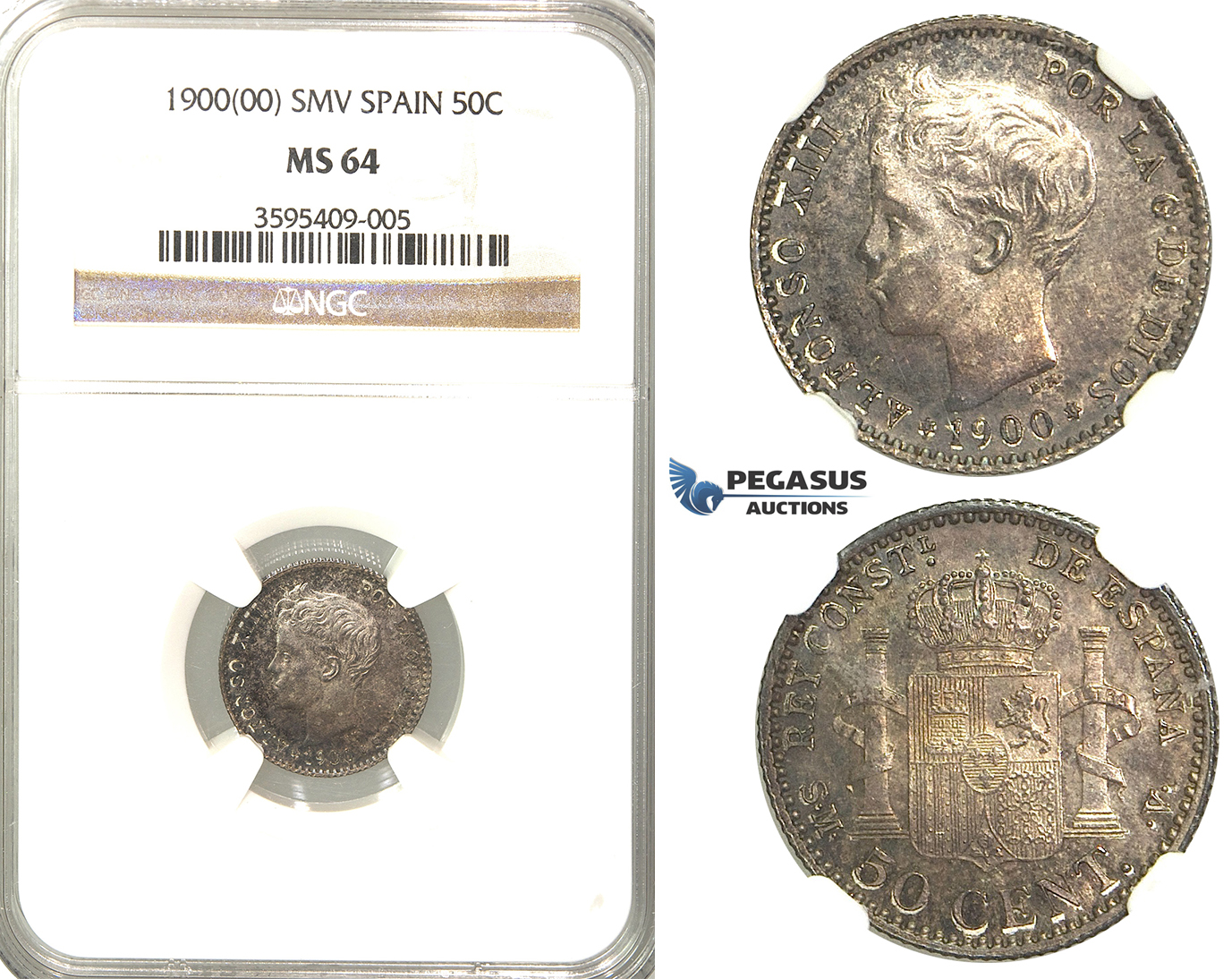 R66, Spain, Alfonso XIII, 50 Centimos 1900 (00) SM-V, Madrid, Silver, NGC MS64