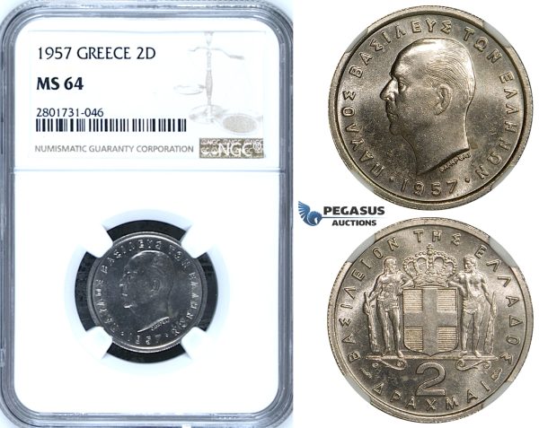 R664, Greece, Paul I, 2 Drachmai 1957, NGC MS64