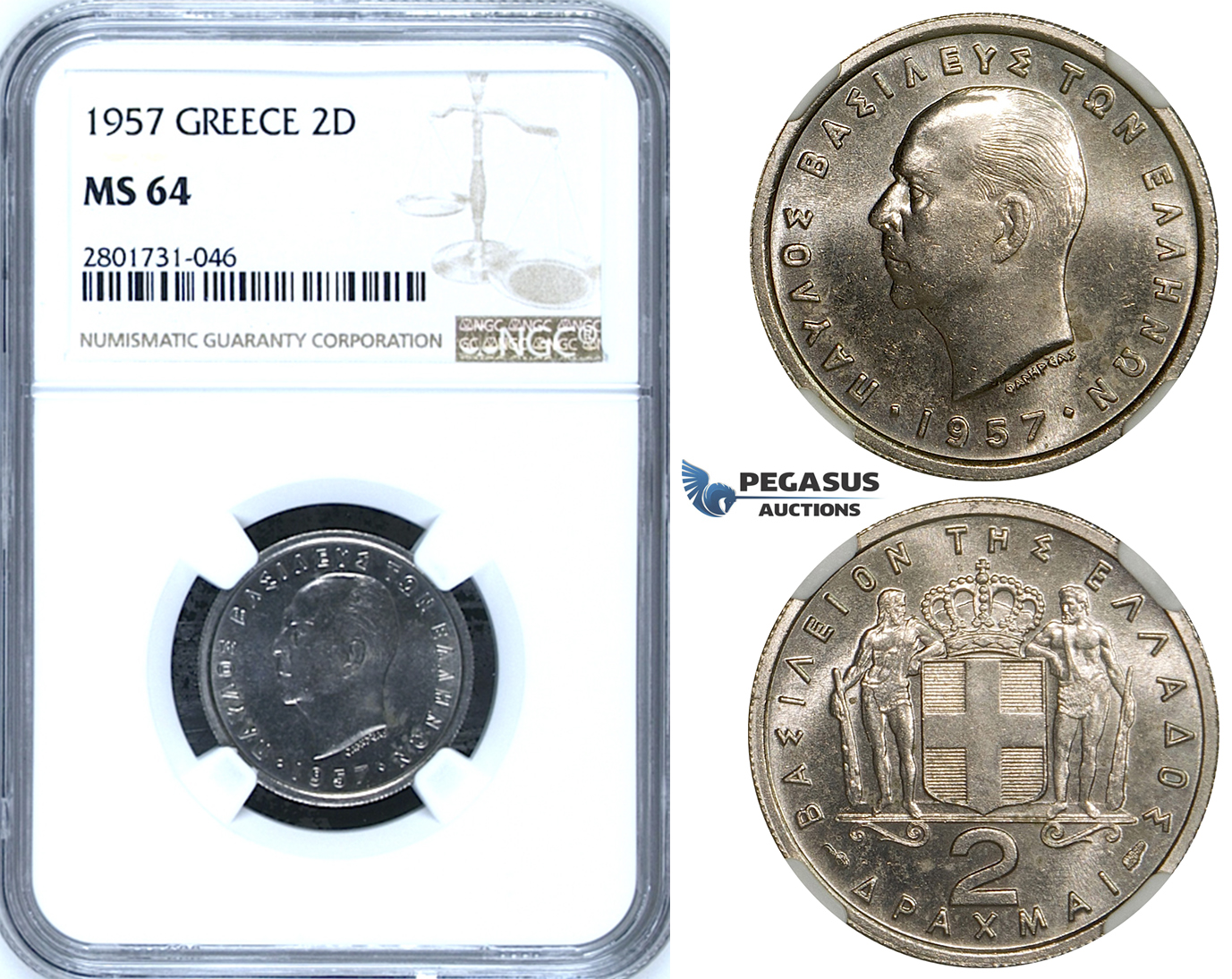 R664, Greece, Paul I, 2 Drachmai 1957, NGC MS64