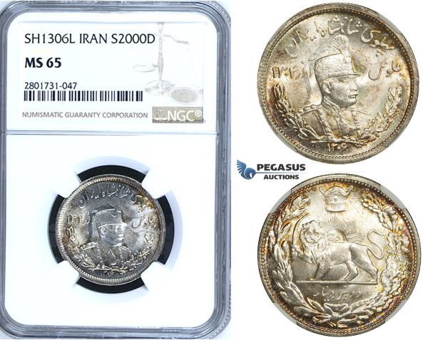 R665, Iran, Reza Shah, 2000 Dinars SH1306-L (1927) Silver, NGC MS65
