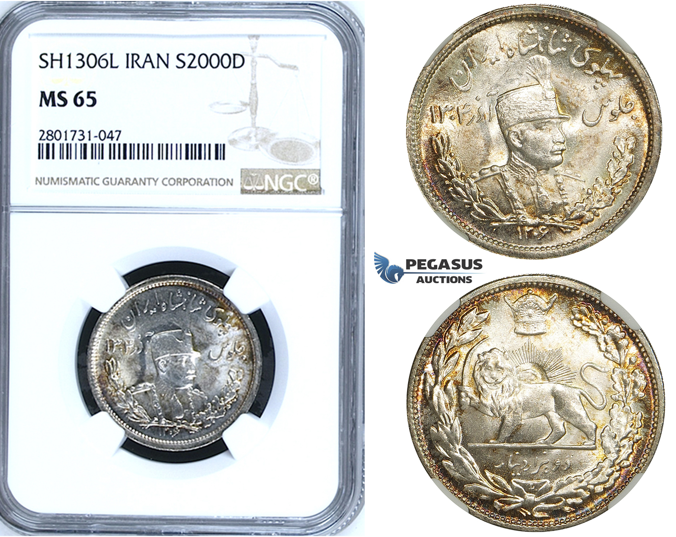 R665, Iran, Reza Shah, 2000 Dinars SH1306-L (1927) Silver, NGC MS65