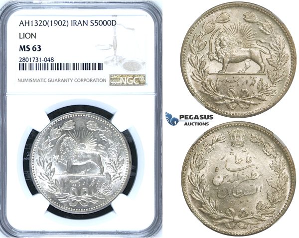 R666, Iran, Muzaffar al-Din Shah, 5000 Dinars AH1320 (1902) Silver, NGC MS63