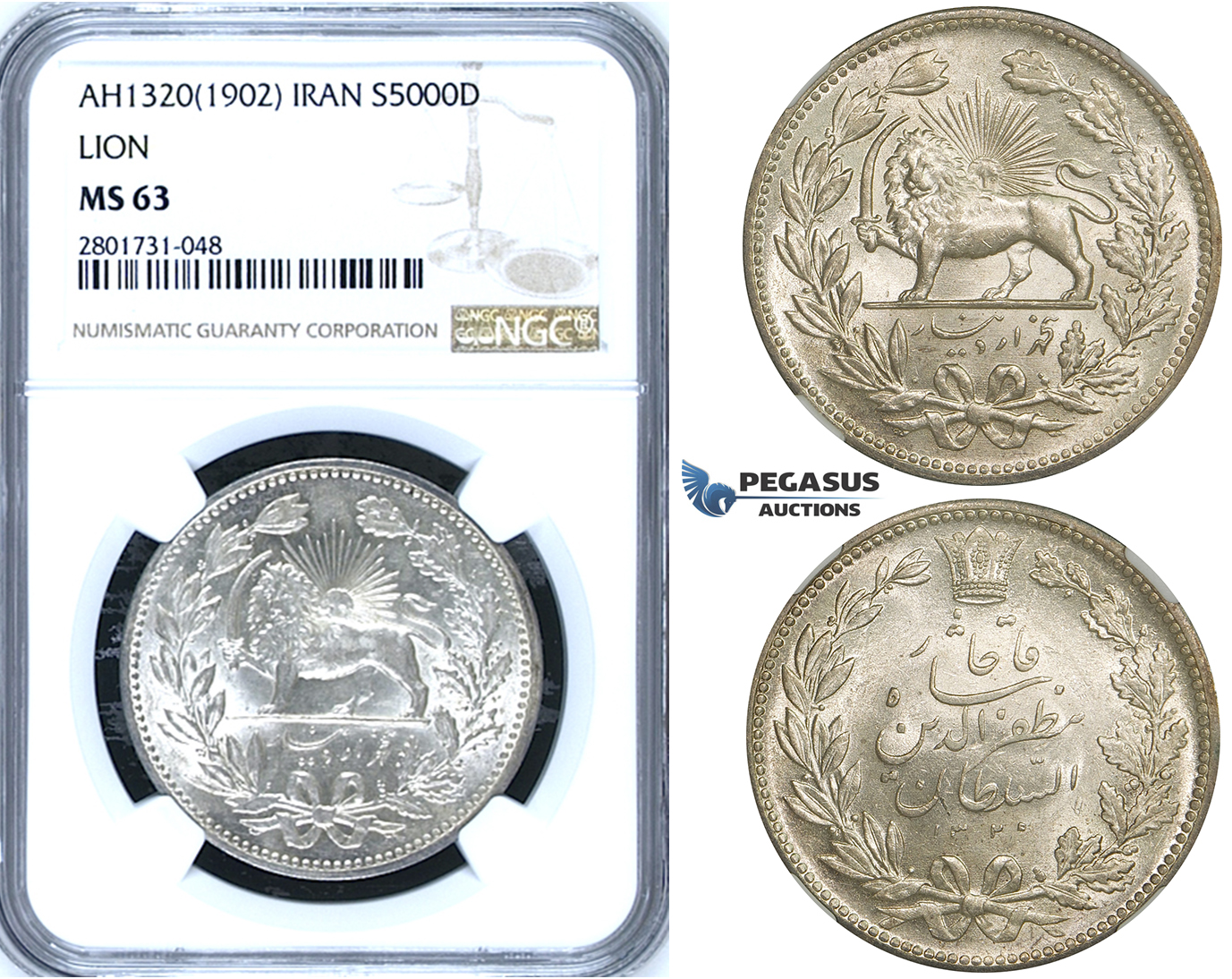 R666, Iran, Muzaffar al-Din Shah, 5000 Dinars AH1320 (1902) Silver, NGC MS63