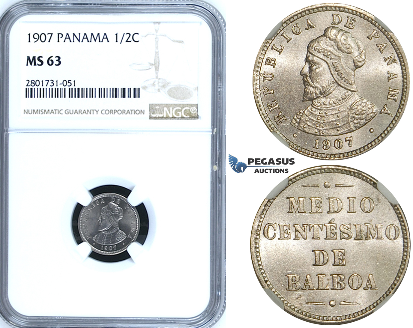 R667, Panama, Medio Centesimo de Balboa (50C) 1907, NGC MS63