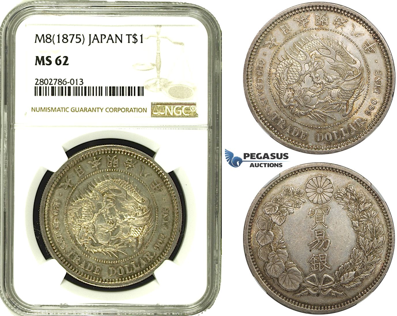 R678, Japan, Meiji, Trade Dollar Yr. 8 (1875) Silver, JNDA 01-12, NGC MS62, Rare Grade!