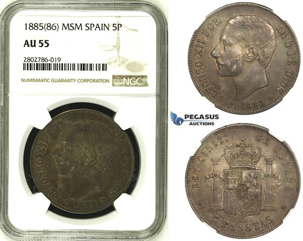 R680, Spain, Alfonso XIII, 5 Pesetas 1885 (86) MSM, Madrid, Silver, NGC AU55