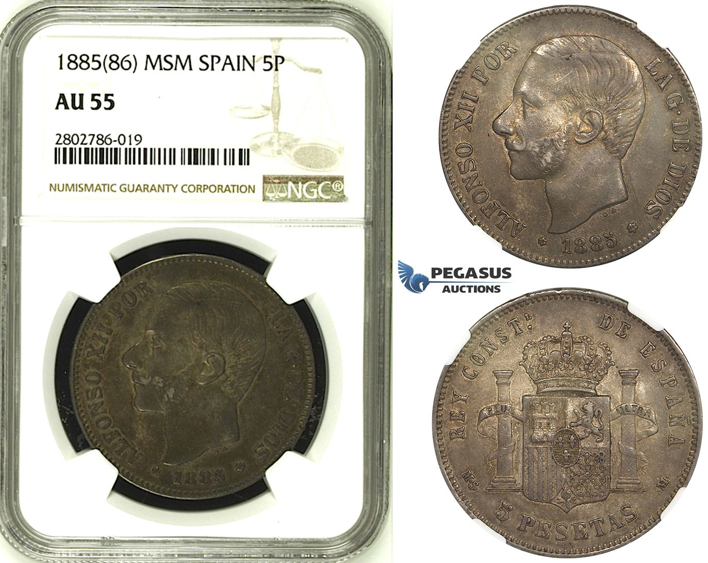 R680, Spain, Alfonso XIII, 5 Pesetas 1885 (86) MSM, Madrid, Silver, NGC AU55