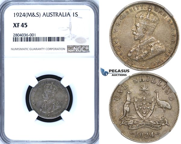 R686, Australia, George V, 1 Shilling 1924 (M&S) Melbourne & Sydney, Silver, NGC XF45