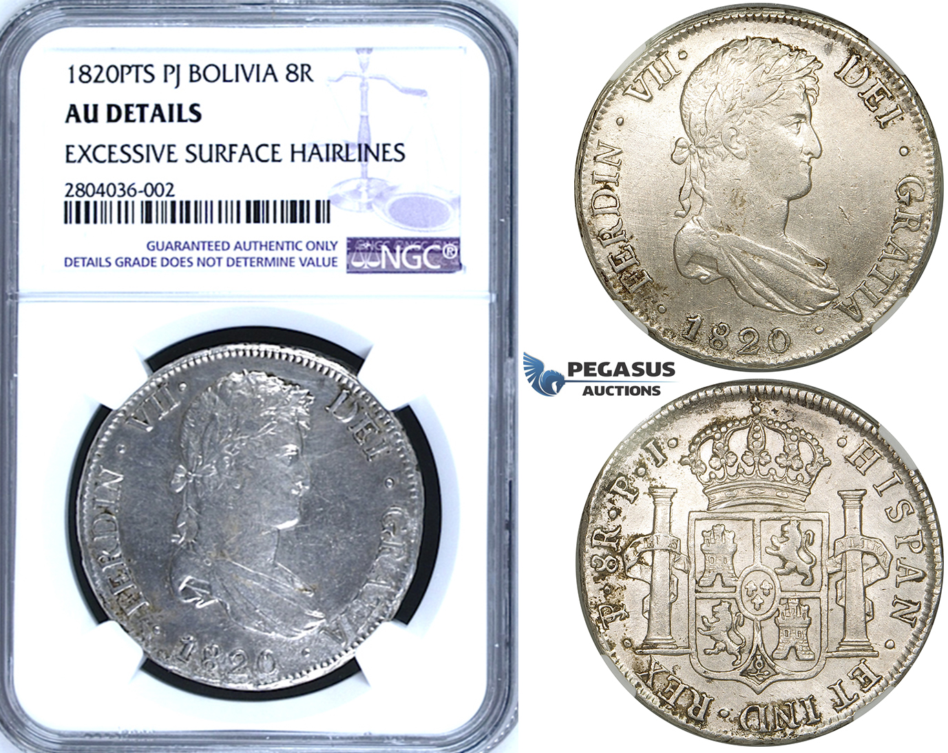 R687, Bolivia, Ferdinand VII, 8 Reales 1820-PTS PJ, Potosi, Silver, NGC AU Details.