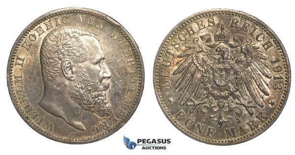 R69, Germany, Württemberg, Wilhelm II, 5 Mark 1913-F, Stuttgart, Silver, High Grade & Fine Toning