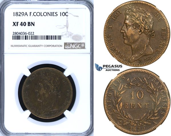 R697, French Colonies, Charles X, 10 Centimes 1829-A, Paris, NGC XF40BN