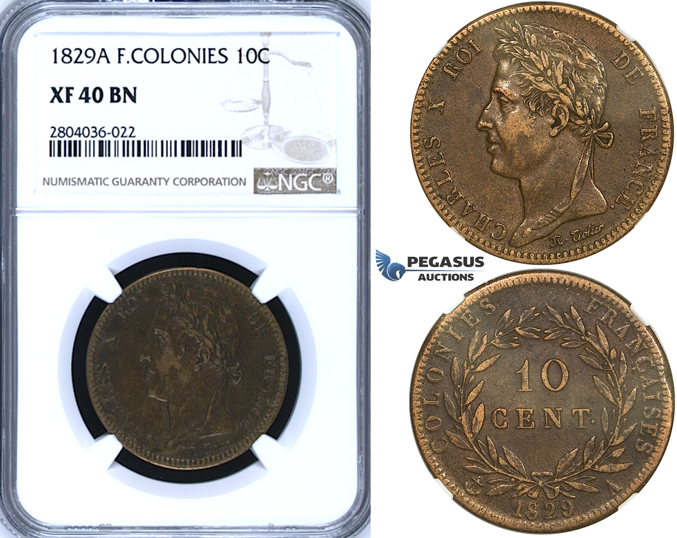 R697, French Colonies, Charles X, 10 Centimes 1829-A, Paris, NGC XF40BN