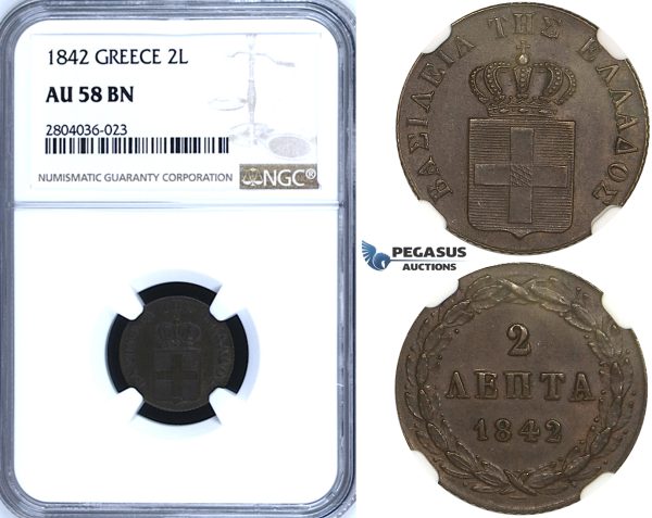 R698, Greece, Othon, 2 Lepta 1842, Athens, NGC AU58BN