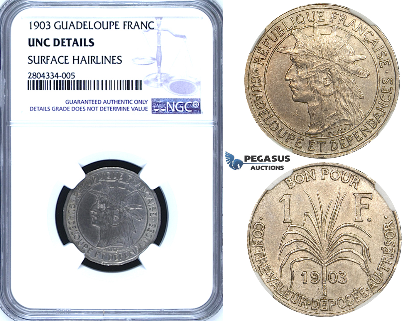 R720, Guadelupe, 1 Franc 1903, NGC UNC Details