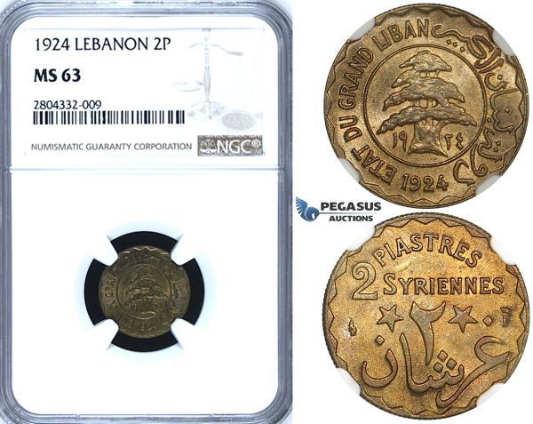 R723, Lebanon, 2 Piastres 1924, NGC MS63