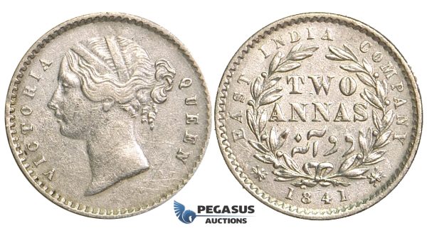R73, East India Company, Victoria, 2 Annas 1841, Silver, Nice (Few marks)