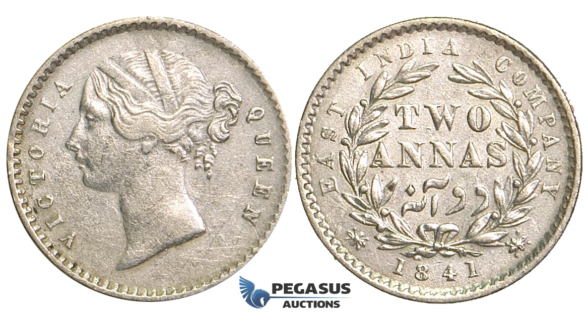 R73, East India Company, Victoria, 2 Annas 1841, Silver, Nice (Few marks)