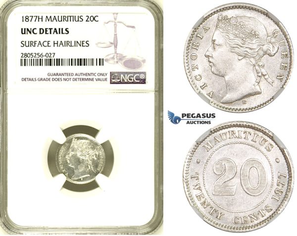 R730, Mauritius, Victoria, 20 Cents 1877-H, Silver, NGC UNC