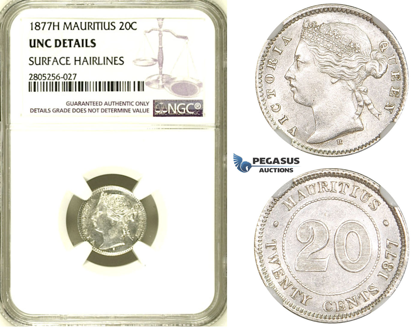 R730, Mauritius, Victoria, 20 Cents 1877-H, Silver, NGC UNC