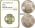 R733, Switzerland, 2 Francs 1914-B, Bern, Silver, NGC MS63