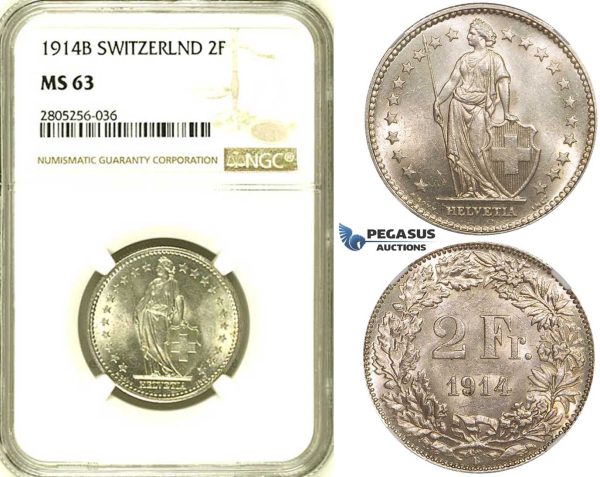 R733, Switzerland, 2 Francs 1914-B, Bern, Silver, NGC MS63