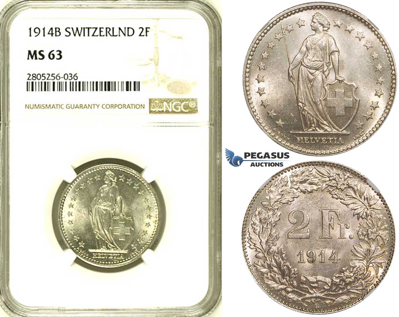 R733, Switzerland, 2 Francs 1914-B, Bern, Silver, NGC MS63