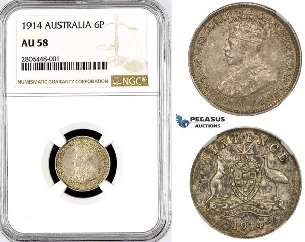 R765, Australia, George V, Sixpence (6P) 1914, Silver, NGC AU58