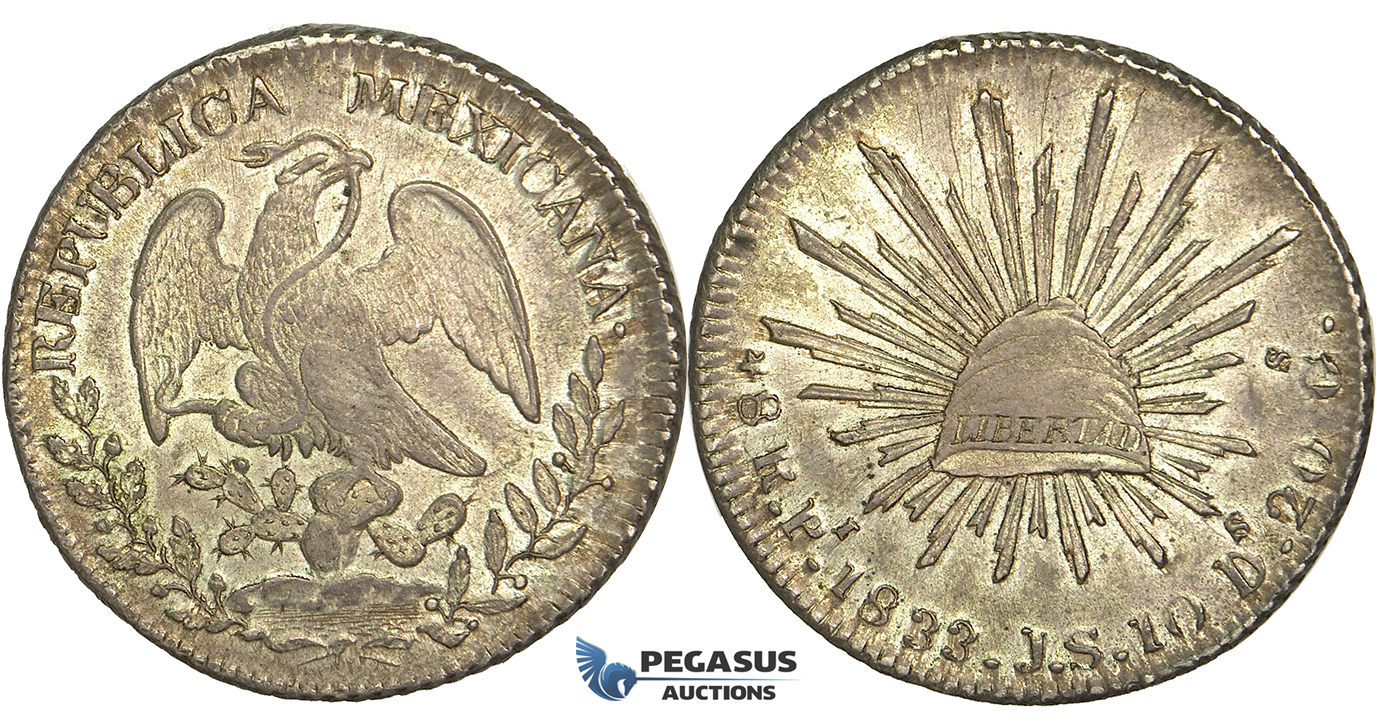 R77, Mexico, 8 Reales 1833 Pi JS, San Luis Potosi, Silver,  aUNC (Few scratches)